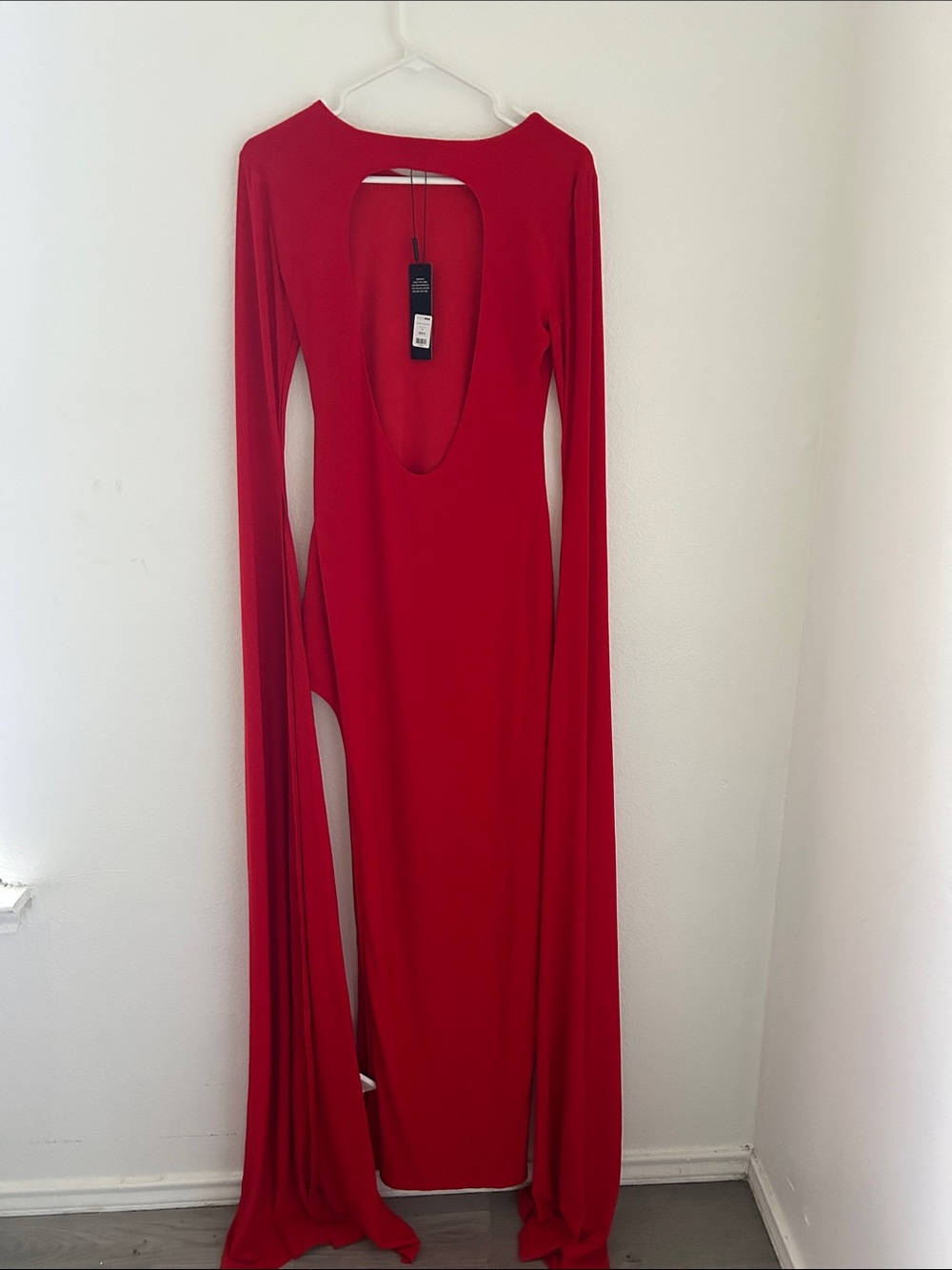 Fashion Nova Red Backless Long Sleeve Cutout Gown